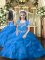 Floor Length Lace Up Little Girls Pageant Gowns Blue for Military Ball and Wedding Party with Beading and Ruffles