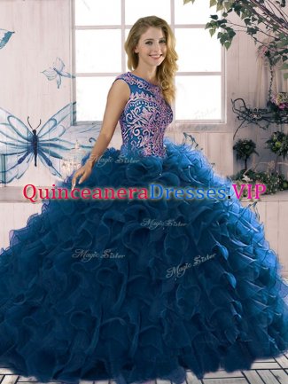 Adorable Royal Blue Sleeveless Floor Length Beading and Ruffles Lace Up Sweet 16 Dresses