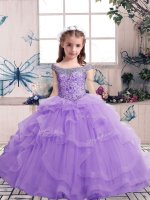 Lavender Tulle Lace Up Girls Pageant Dresses Sleeveless Floor Length Beading and Ruffles
