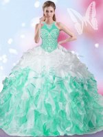 Halter Top Sleeveless Organza Floor Length Lace Up Quince Ball Gowns in Multi-color with Beading and Ruffles and Pick Ups(SKU SJQDDT852002-2BIZ)