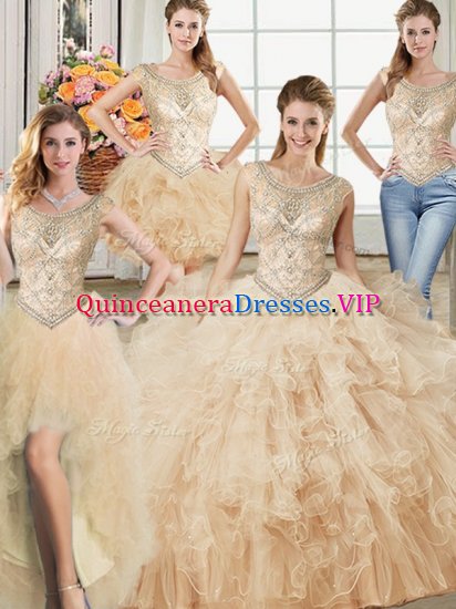 Enchanting Four Piece Champagne Scoop Neckline Beading and Ruffles 15 Quinceanera Dress Sleeveless Lace Up - Click Image to Close