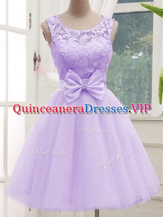 Nice Knee Length Lavender Vestidos de Damas Tulle Sleeveless Lace and Bowknot