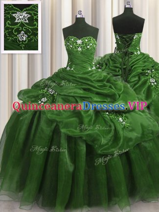 Sleeveless Organza Floor Length Lace Up Quince Ball Gowns in Green with Beading and Appliques and Pick Ups