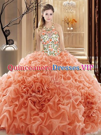 Backless Peach Ball Gown Prom Dress Organza Court Train Sleeveless Embroidery and Ruffles