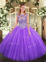 Sophisticated Floor Length Lace Up Military Ball Dresses Lavender for Military Ball and Sweet 16 and Quinceanera with Beading