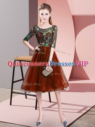 Rust Red Dama Dress Wedding Party with Embroidery Scoop Half Sleeves Lace Up