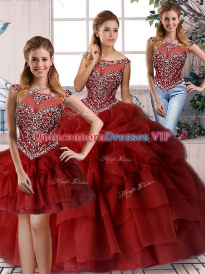 Affordable Brush Train Three Pieces Quince Ball Gowns Wine Red Scoop Organza Sleeveless Zipper - Click Image to Close