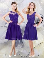 Scoop See Through Sleeveless Zipper Knee Length Lace and Appliques Court Dresses for Sweet 16