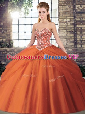 Lace Up Sweet 16 Dresses Orange Red for Military Ball and Sweet 16 and Quinceanera with Beading and Pick Ups Brush Train