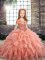 Sleeveless Organza Floor Length Lace Up Winning Pageant Gowns in Peach with Beading and Ruffles