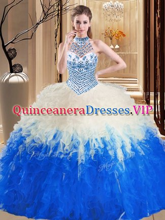 Halter Top Sleeveless Lace Up Floor Length Beading and Ruffles Sweet 16 Dresses