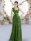 Exceptional Belt and Hand Made Flower Damas Dress Green Zipper Sleeveless Floor Length