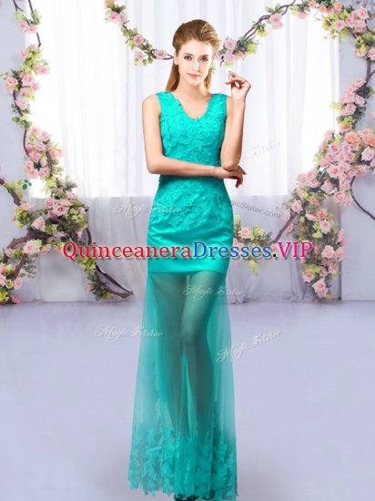 Captivating Sleeveless Tulle Floor Length Lace Up Court Dresses for Sweet 16 in Turquoise with Lace - Click Image to Close