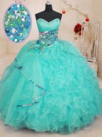 Eye-catching Aqua Blue Lace Up Quinceanera Gown Beading and Ruffles Sleeveless Floor Length