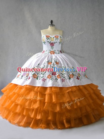Flare Orange Organza Lace Up Sweetheart Sleeveless Floor Length 15th Birthday Dress Embroidery and Ruffled Layers - Click Image to Close