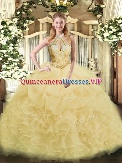 Fine Champagne Organza Lace Up Ball Gown Prom Dress Sleeveless Floor Length Beading and Ruffles - Click Image to Close
