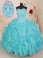 Custom Designed Aqua Blue Ball Gowns Organza Sweetheart Sleeveless Beading and Ruffles Floor Length Lace Up Vestidos de Quinceanera