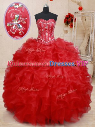 Sweetheart Sleeveless Lace Up Quinceanera Gown Red Organza