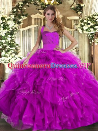 Fuchsia Sleeveless Ruffles Floor Length Quince Ball Gowns