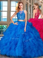 Fantastic Blue Tulle Zipper Scoop Sleeveless Floor Length Quinceanera Dress Beading and Ruffles
