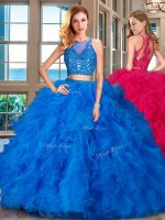 Fantastic Blue Tulle Zipper Scoop Sleeveless Floor Length Quinceanera Dress Beading and Ruffles