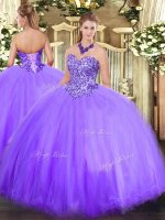 New Arrival Tulle Sweetheart Sleeveless Lace Up Appliques Quince Ball Gowns in Lavender