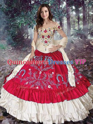 Embroidery and Ruffled Layers Sweet 16 Dresses Red Lace Up Sleeveless Floor Length