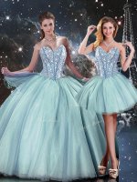 Floor Length Light Blue Ball Gown Prom Dress Tulle Sleeveless Beading