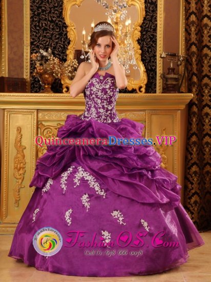 Cham Switzerland Formal Fuchsia Quinceanera Dress For Strapless Organza With Beaded Lace Appliques Ball Gown - Click Image to Close