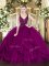 Fine Sleeveless Floor Length Beading and Ruffles Zipper Military Ball Gowns with Fuchsia