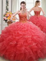 Graceful Ball Gowns 15th Birthday Dress Coral Red Sweetheart Organza Sleeveless Floor Length Lace Up