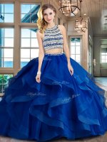 Tulle Scoop Sleeveless Brush Train Backless Beading and Ruffles Sweet 16 Dresses in Royal Blue
