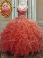 Orange Red Sleeveless Organza Zipper Quinceanera Dress for Military Ball and Sweet 16 and Quinceanera