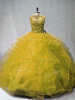 Custom Designed Beading and Ruffles Quinceanera Gowns Olive Green Lace Up Sleeveless Court Train