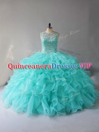 Aqua Blue Quinceanera Gowns Sweet 16 and Quinceanera with Beading and Ruffles Scoop Sleeveless Lace Up