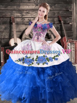 Blue And White Satin and Organza Lace Up Off The Shoulder Sleeveless Floor Length 15 Quinceanera Dress Appliques
