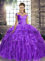 Off The Shoulder Sleeveless Organza Sweet 16 Dress Beading and Ruffles Brush Train Lace Up(SKU YSQD091-3BIZ)