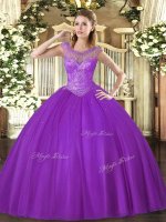 Eggplant Purple Tulle Lace Up Quinceanera Gowns Sleeveless Floor Length Beading