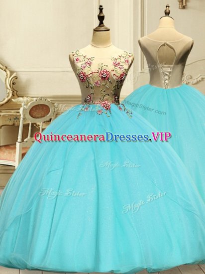 Fashionable Scoop Sleeveless Lace Up Vestidos de Quinceanera Aqua Blue Organza - Click Image to Close
