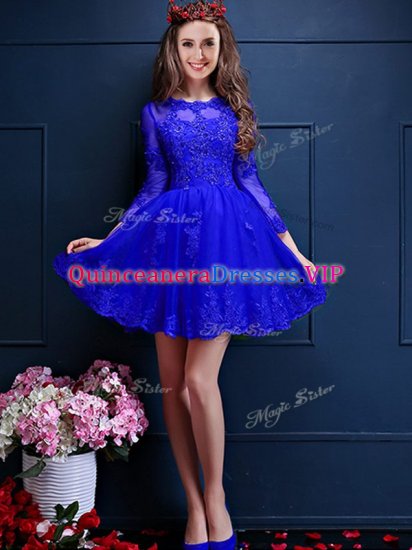 Artistic Blue Lace Up Scalloped Beading and Lace and Appliques Quinceanera Dama Dress Chiffon 3 4 Length Sleeve - Click Image to Close