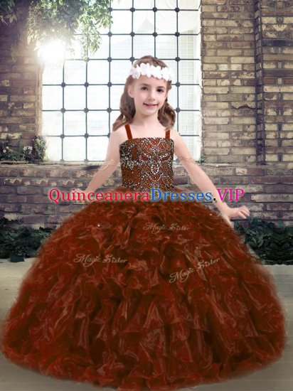 Eye-catching Organza Straps Sleeveless Lace Up Beading Kids Pageant Dress in Rust Red - Click Image to Close
