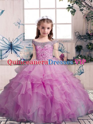 Lilac Little Girl Pageant Dress Party and Sweet 16 and Wedding Party with Beading and Ruffles Off The Shoulder Sleeveless Lace Up