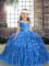 Blue Straps Neckline Beading and Ruffles Custom Made Pageant Dress Sleeveless Lace Up