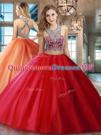 Tulle Scoop Sleeveless Brush Train Criss Cross Beading and Appliques Quinceanera Gown in Red
