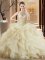 Sweet Champagne Sleeveless Organza Brush Train Quince Ball Gowns for Sweet 16 and Quinceanera