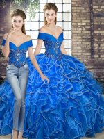 Royal Blue Lace Up Off The Shoulder Beading and Ruffles Quinceanera Dresses Organza Sleeveless