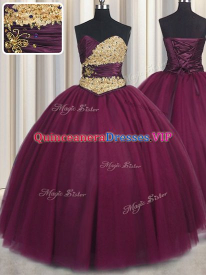 Customized Burgundy Ball Gowns Sweetheart Sleeveless Tulle Floor Length Lace Up Beading and Appliques Quinceanera Gown - Click Image to Close