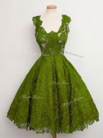 Sleeveless Lace Knee Length Lace Up Court Dresses for Sweet 16 in Olive Green with Lace