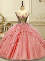 Discount Watermelon Red Ball Gowns Scoop Sleeveless Tulle Floor Length Lace Up Appliques Quince Ball Gowns