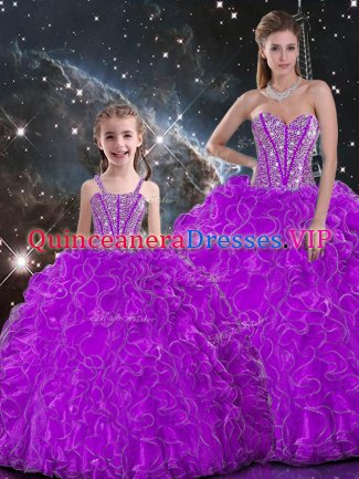 Glittering Beading and Ruffles Ball Gown Prom Dress Purple Lace Up Sleeveless Floor Length